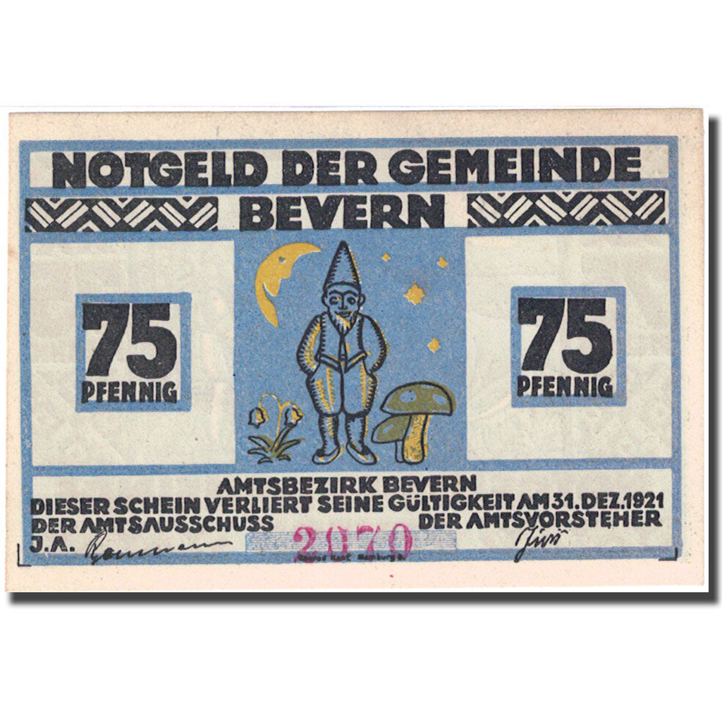 Banknote, Germany, Bevern, 75 Pfennig, oiseau 1921-12-31, UNC(63) Mehl 97.1a
