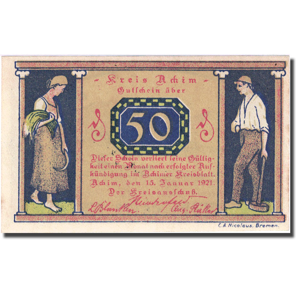 Banconote, Germania, Achim, 50 Pfennig, Eglise, 1921, 1921-01-15, SPL, Mehl:2.1