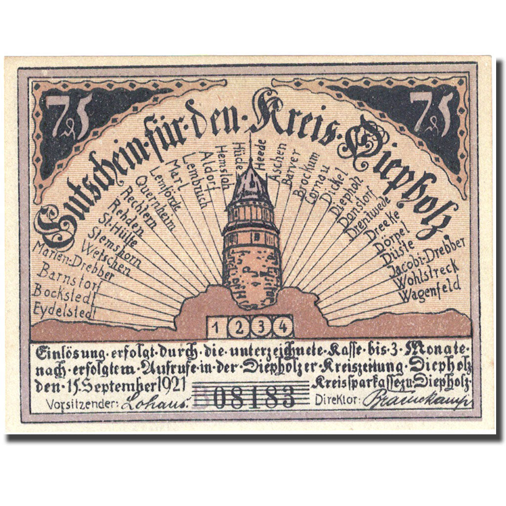 Banknote, Germany, Diepholz, 75 Pfennig, Animaux 1921 UNC(63) brown Mehl 273.4a