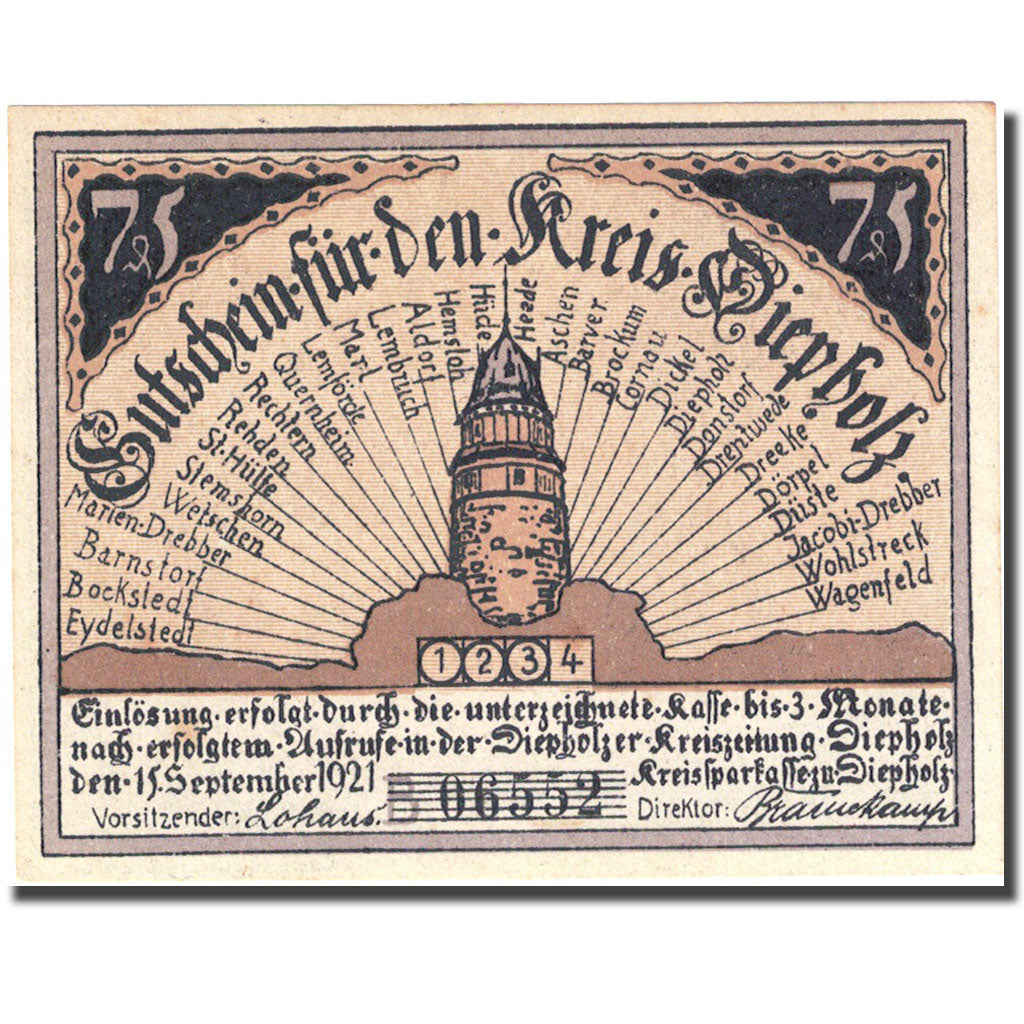Billete, Alemania, Diepholz, 75 Pfennig, personnage 1, 1921 brown SC Mehl 273.4a