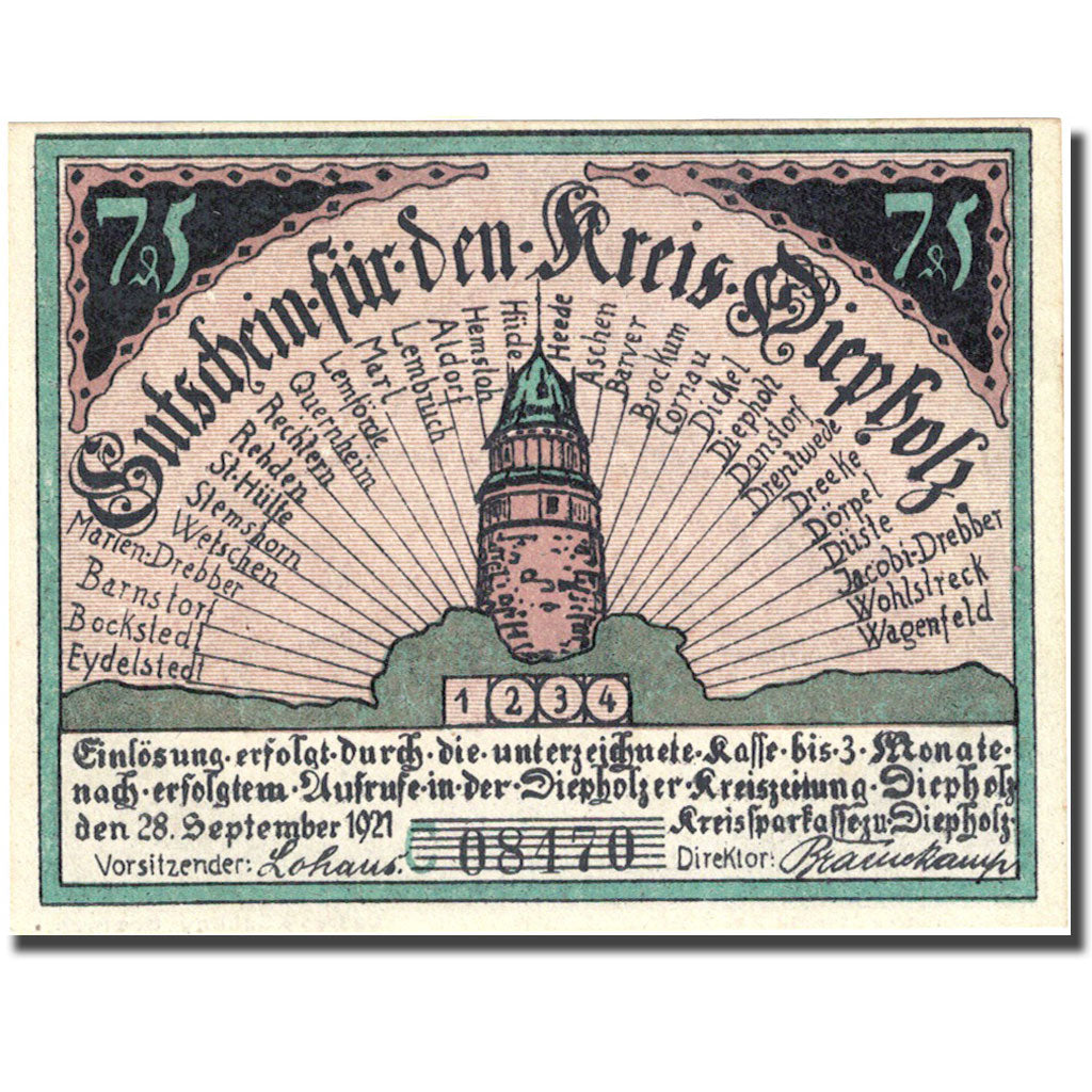 Geldschein Deutschland Diepholz 75 Pfennig animaux 1, 1921 grün UNZ- Mehl 273.5