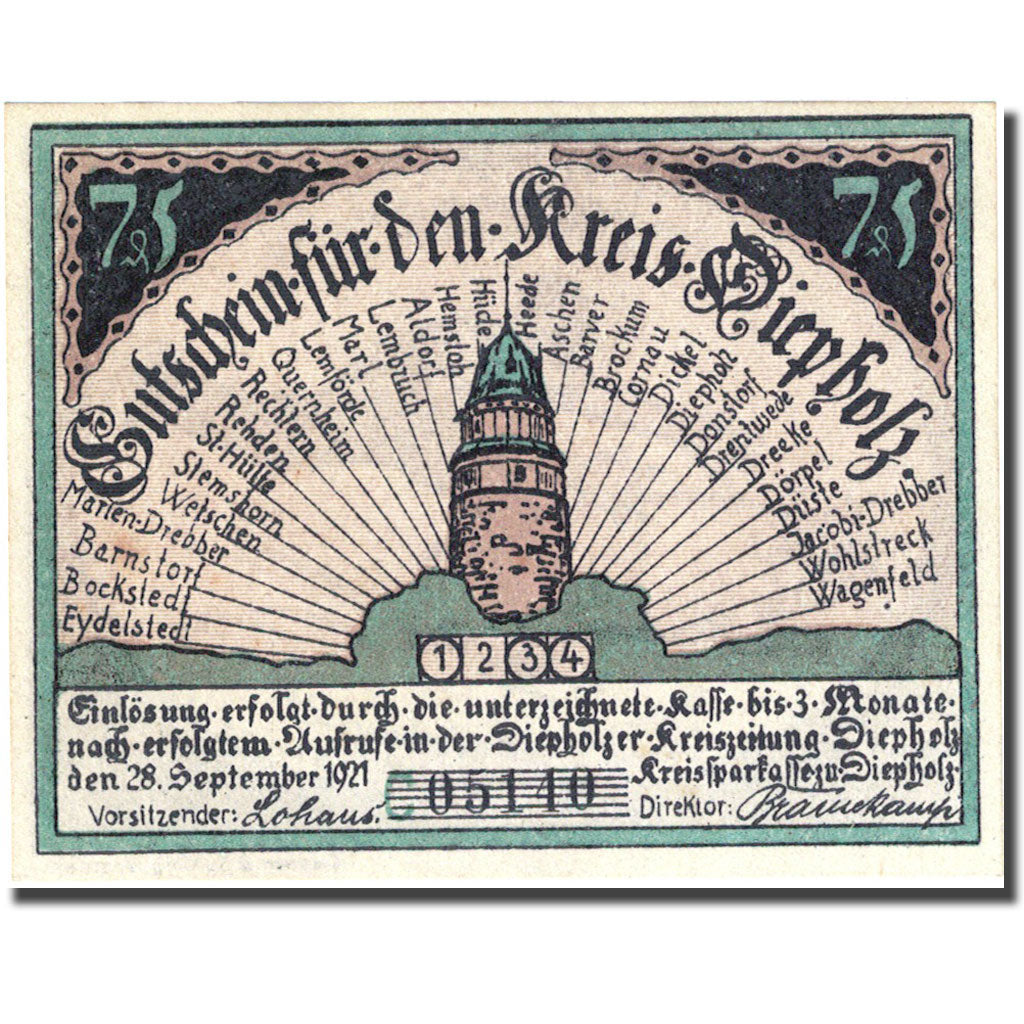 Banknote, Germany, Diepholz, 75 Pfennig, personnage 2 UNC(63) green Mehl 273.5