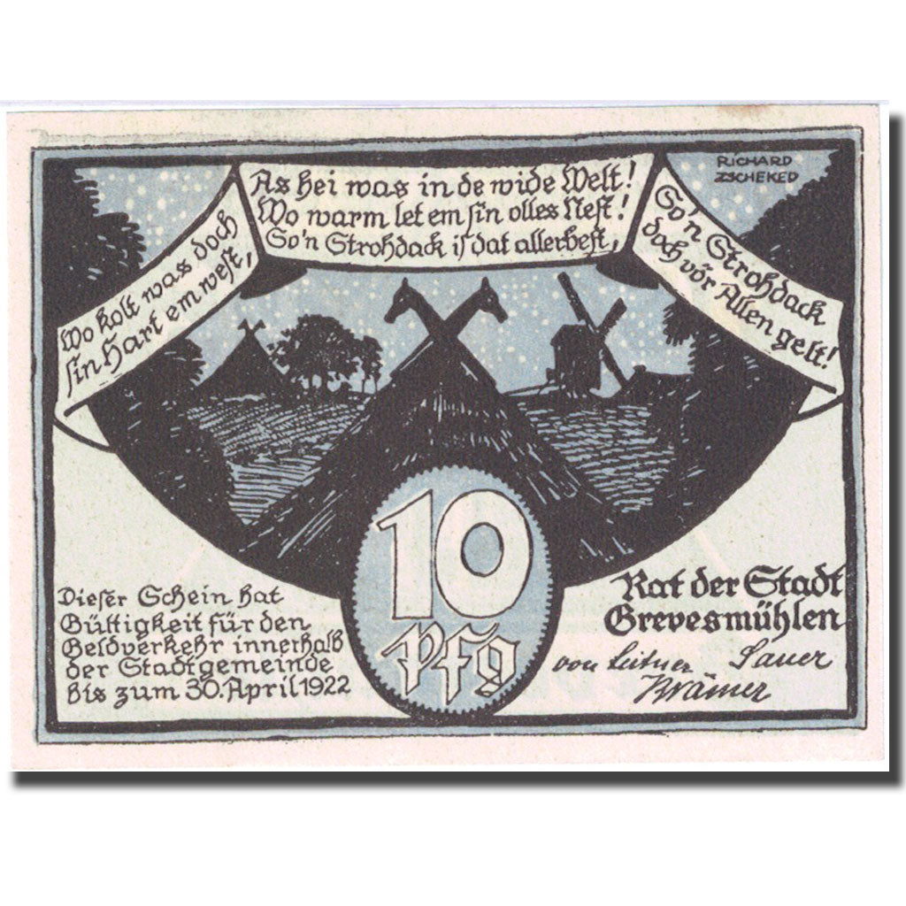 Banknote, Germany, Grevesmühlen, 10 Pfennig, Eglise 1922 UNC(63) Mehl 473.2
