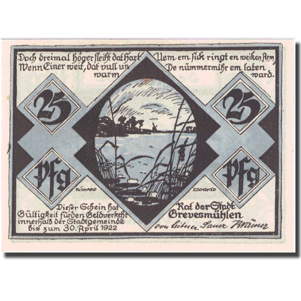 Banknote, Germany, Grevesmühlen, 25 Pfennig, personnage, 1922 UNC(63) Mehl 473.2