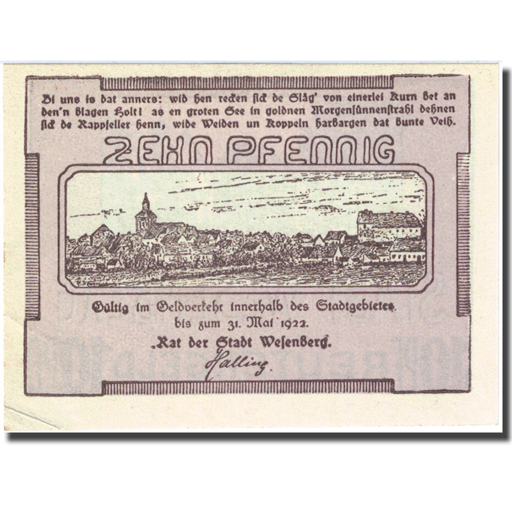 Banknote, Germany, Wesenberg, 10 Pfennig, paysage, 1922 UNC(63) Mehl 1410.2