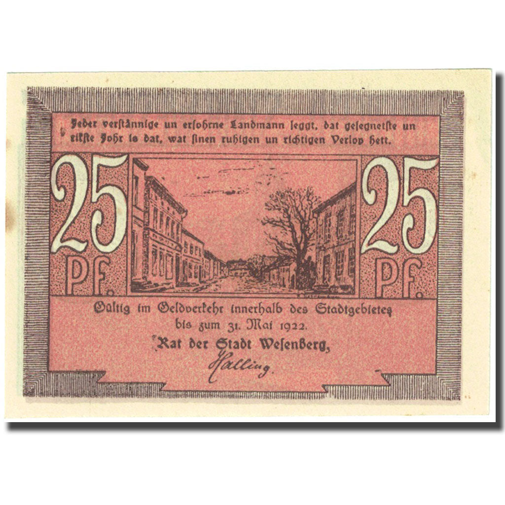Banknote, Germany, Wesenberg, 25 Pfennig, village, 1922 UNC(63) Mehl 1410.2