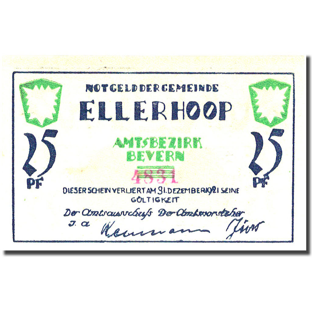 Banknote, Germany, Ellerhoop, 25 Pfennig, arbre, 1921 UNC(63) Mehl 330.1a