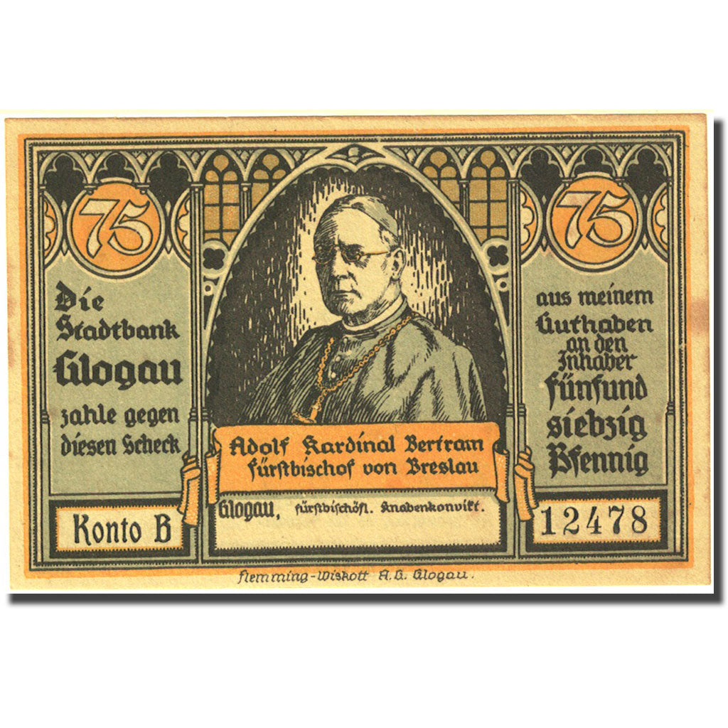 Banconote, Germania, Glogau, 75 Pfennig, eglise 2, 1922, SPL-, Mehl:438.1