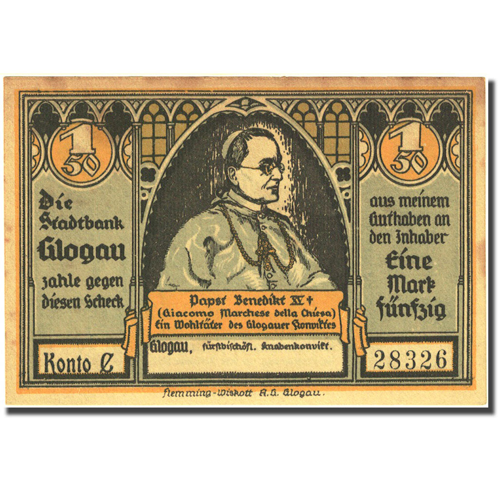 Geldschein, Deutschland, Glogau, 1.5 Mark, église 3, 1922, VZ, Mehl:438.1