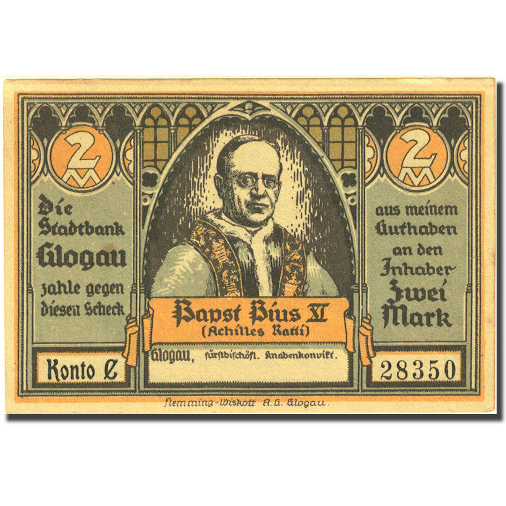 Banknote, Germany, Glogau, 2 Mark, église 4, 1922, UNC(63), Mehl:438.1