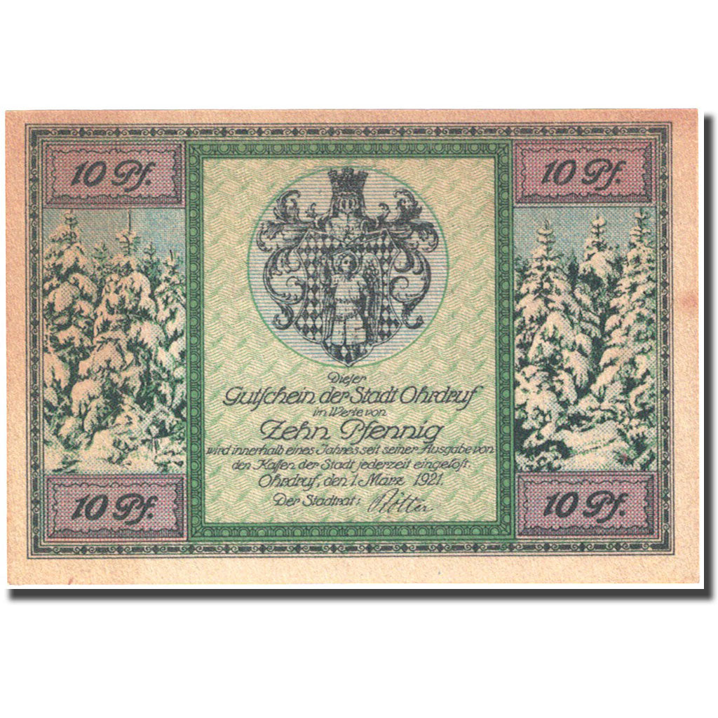Banknote, Germany, Ohrdruf, 10 Pfennig, Monument, 1921 UNC(63) Mehl 1012.1b
