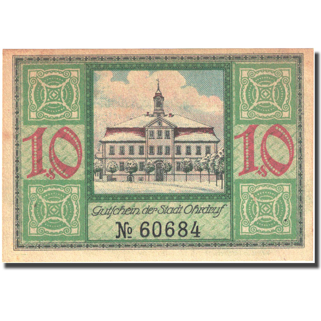 Banknote, Germany, Ohrdruf, 10 Pfennig, Monument, 1921 UNC(63) Mehl 1012.1b