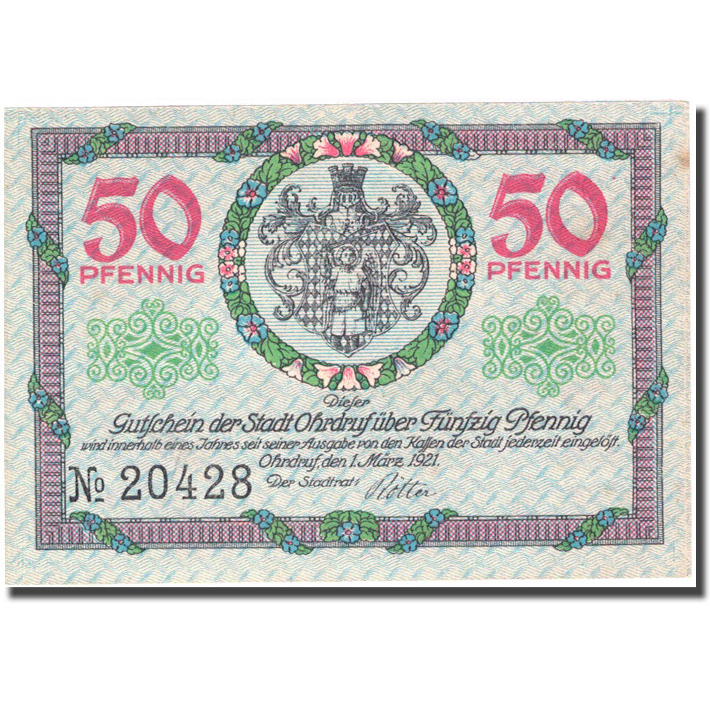 Banknote, Germany, Ohrdruf, 50 Pfennig, château, 1921 UNC(63) Mehl 1012.2b