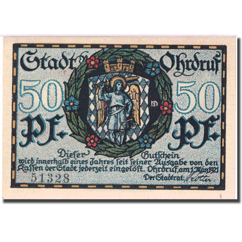 Banknote, Germany, Ohrdruf, 50 Pfennig, village, 1921 UNC(63) Mehl 1012.3b