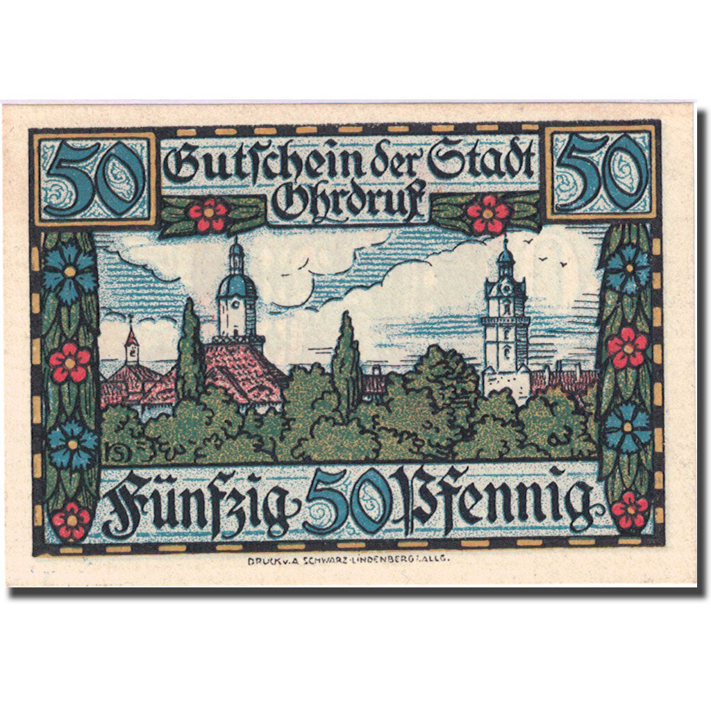 Banknote, Germany, Ohrdruf, 50 Pfennig, village, 1921 UNC(63) Mehl 1012.3b