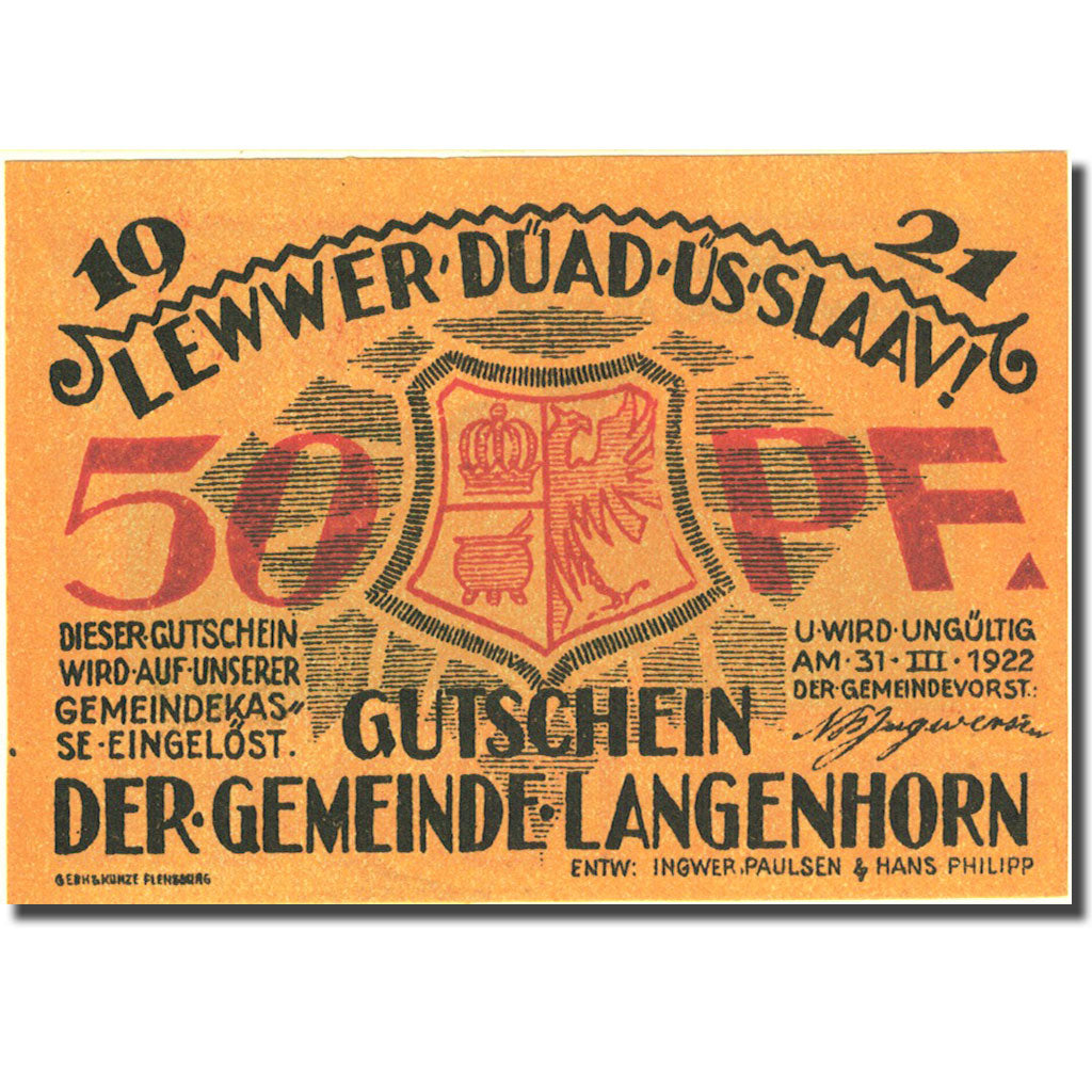 Banknote, Germany, Langenhorn, 50 Pfennig, ferme, 1922, UNC(63) Mehl 768.1