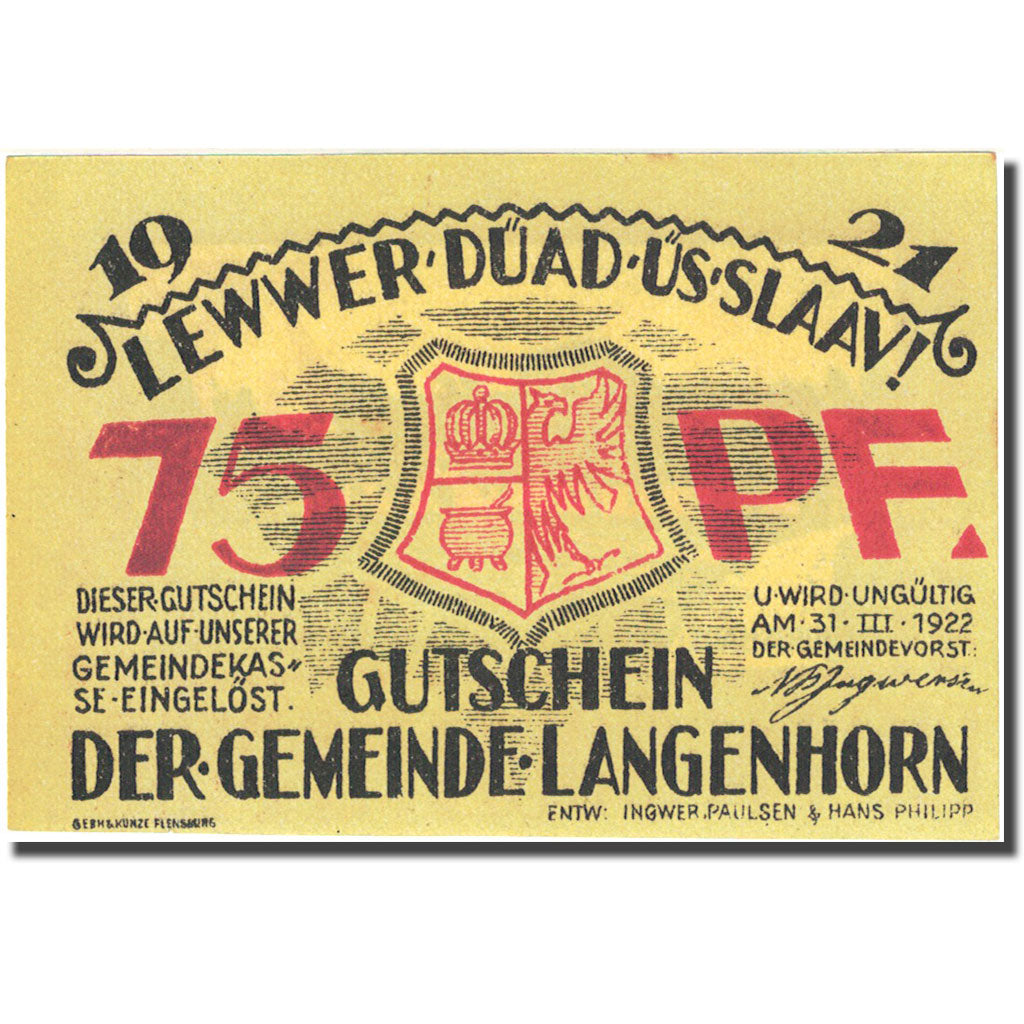 Banknote, Germany, Langenhorn, 75 Pfennig, ferme 1, 1922 UNC(63) Mehl 768.1
