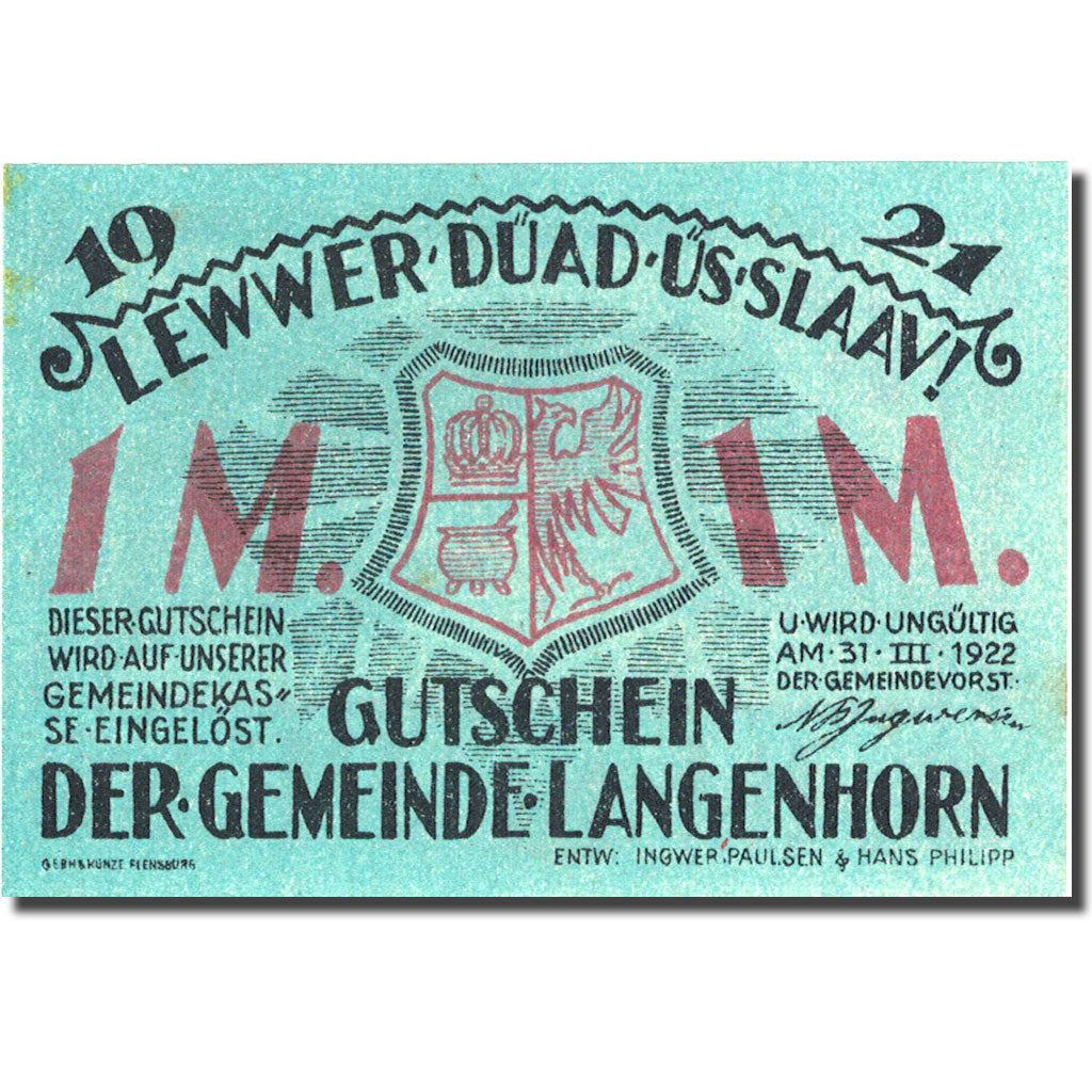 Banknote, Germany, Langenhorn, 1 Mark, Eglise, 1922 UNC(63) Mehl 768.1