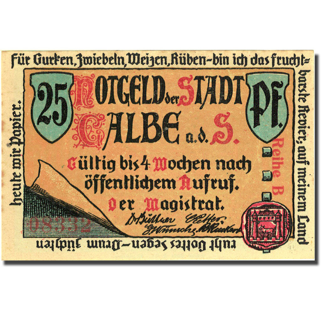 Banknote, Germany, Calbe, 25 Pfennig, rue, 1921, UNC(63), Mehl:213.1
