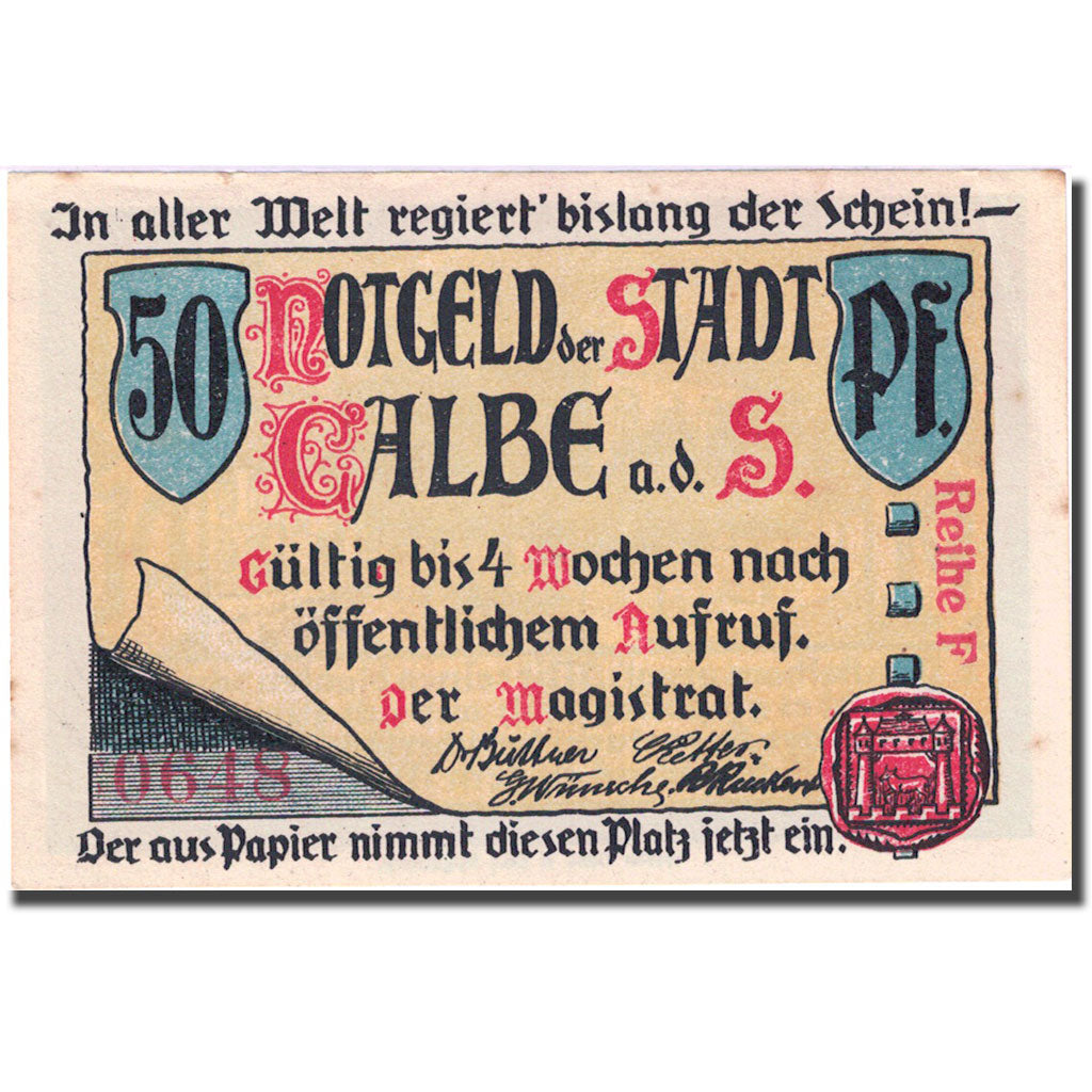 Banknote, Germany, Calbe, 50 Pfennig, Monument, 1921, UNC(63), Mehl:213.3