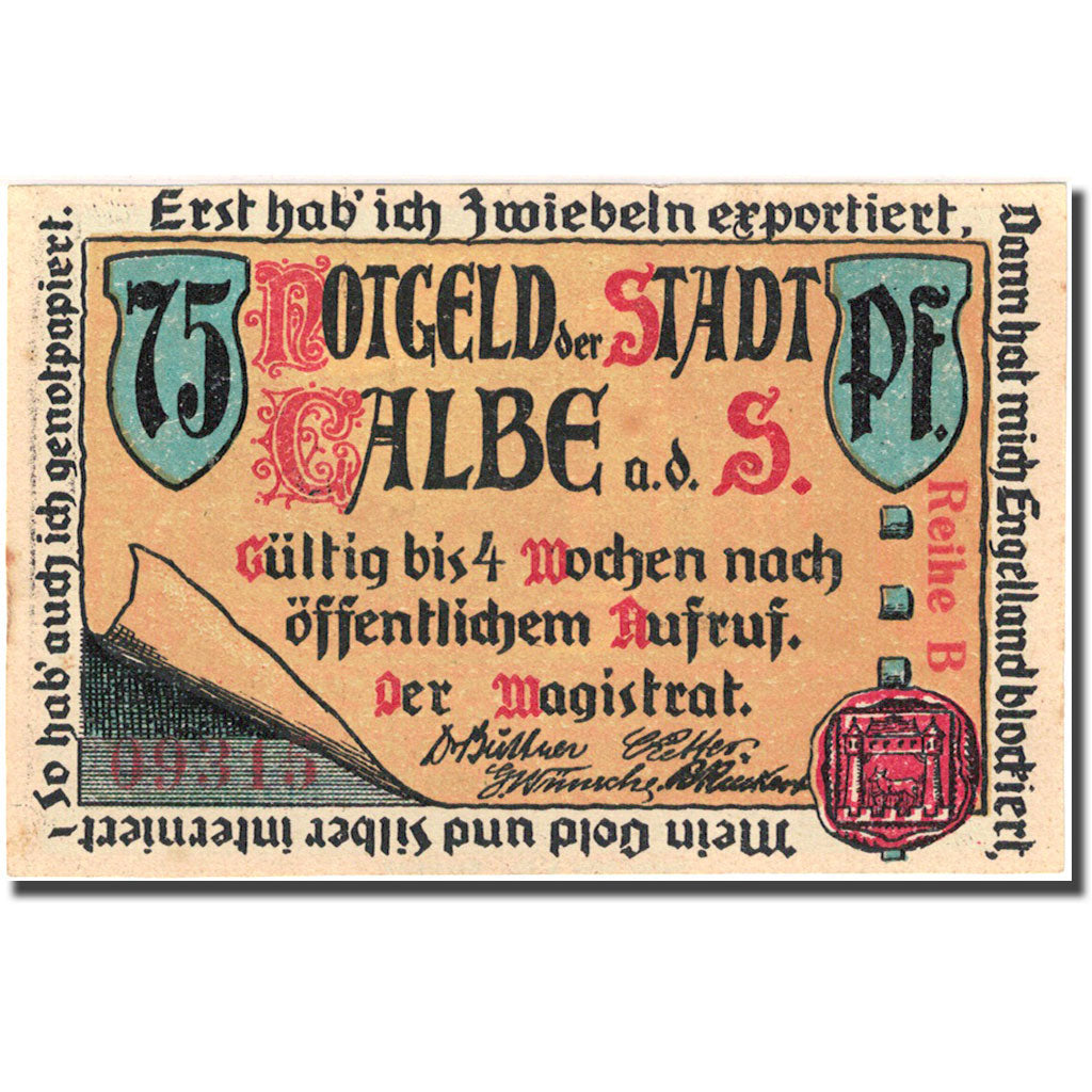 Banknote, Germany, Calbe, 75 Pfennig, Eglise, 1921, UNC(63), Mehl:213.1