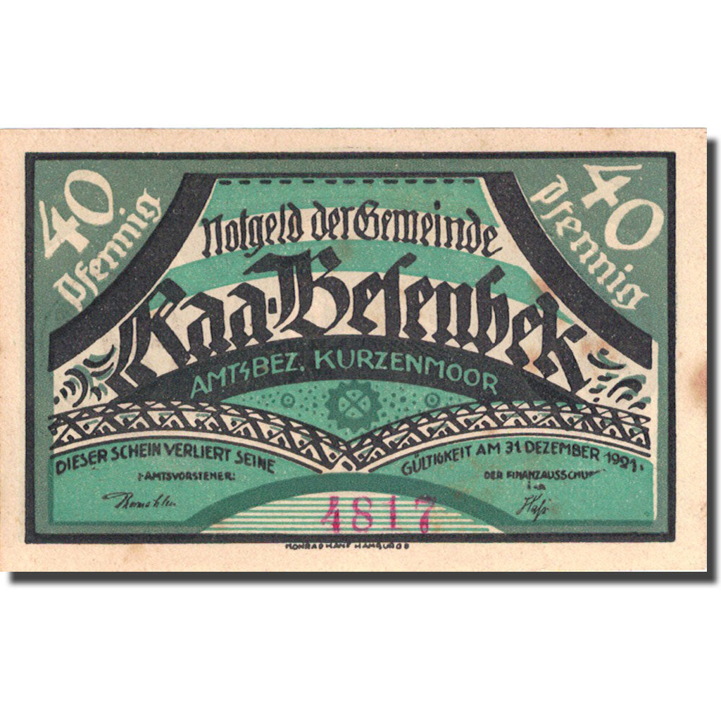 Nota, Alemanha, Kurzenmoor, 40 Pfennig, Agriculteur 2, 1921 UNC(63) Mehl 751.1a