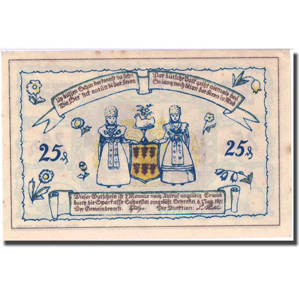 Banknote, Germany, Scheessel, 25 Pfennig, personnage, 1921 UNC(63) Mehl 1174.1a