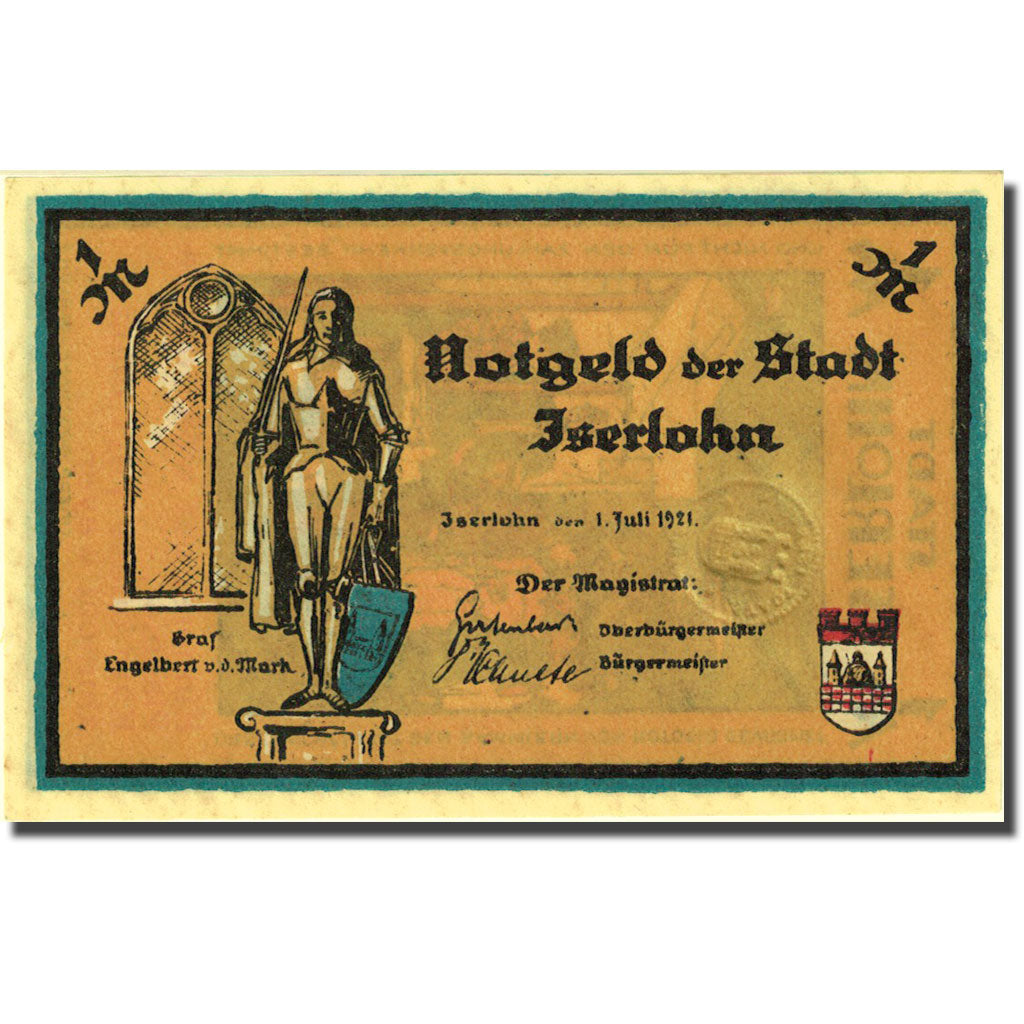 Banknote, Germany, Iserlohn, 1 Mark, personnage, 1921 UNC(63) Mehl 647.1