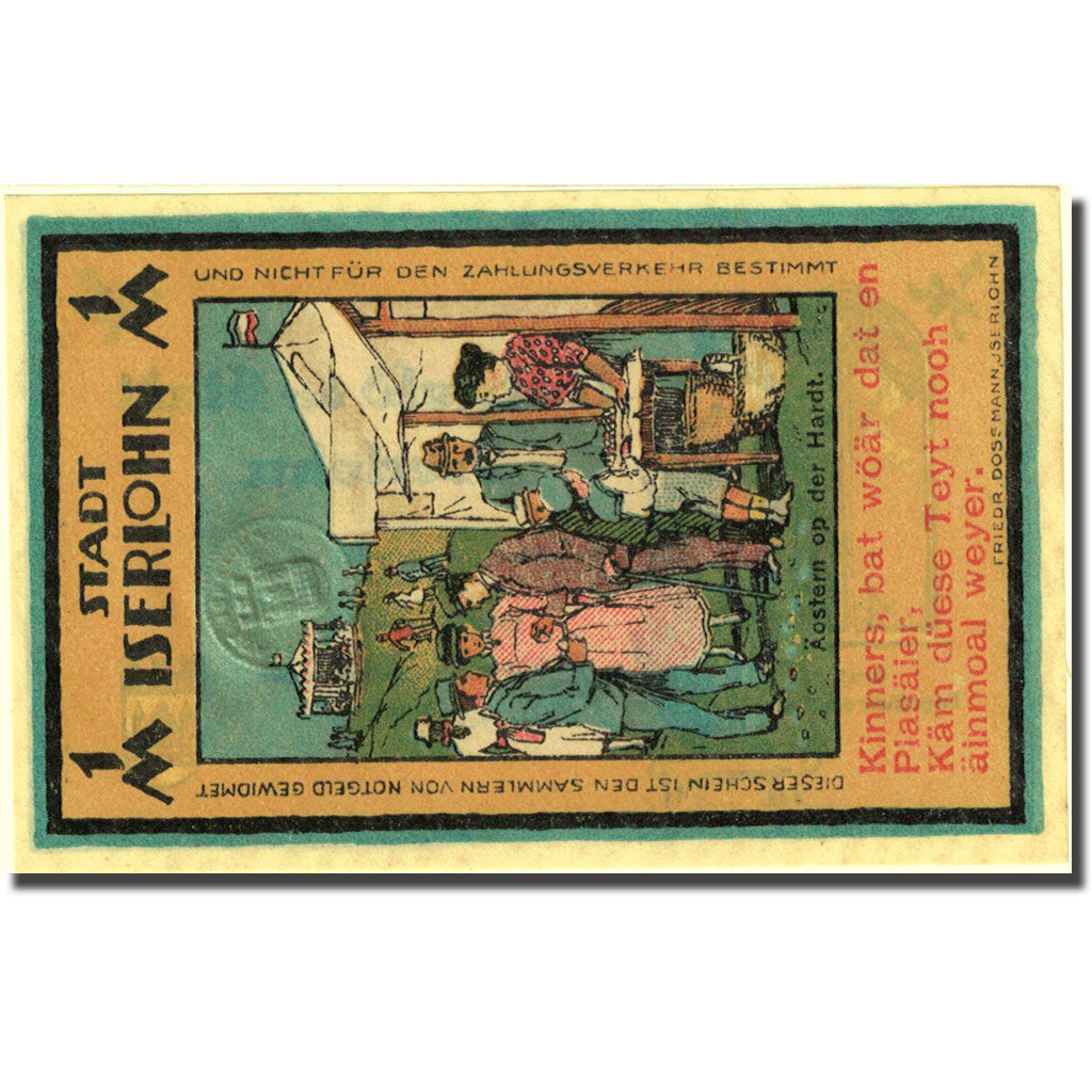 Banknote, Germany, Iserlohn, 1 Mark, personnage, 1921 UNC(63) Mehl 647.1