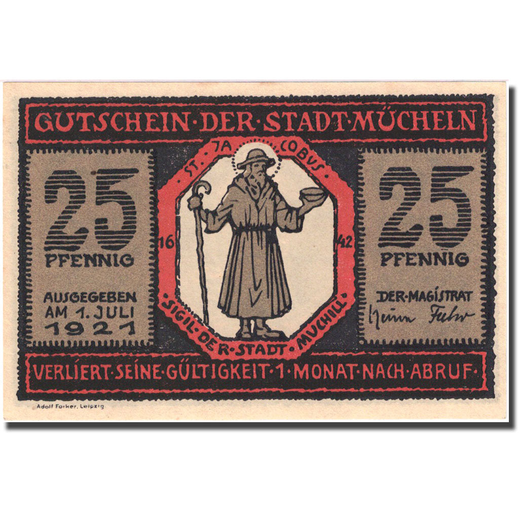 Banknote, Germany, Mücheln, 25 Pfennig, personnage, 1921 UNC(63) Mehl 902.1
