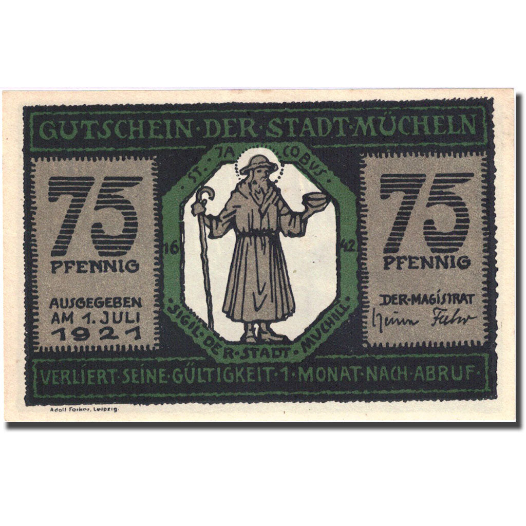 Banknote, Germany, Mücheln, 75 Pfennig, Forêt, 1921 UNC(63) Mehl 902.1