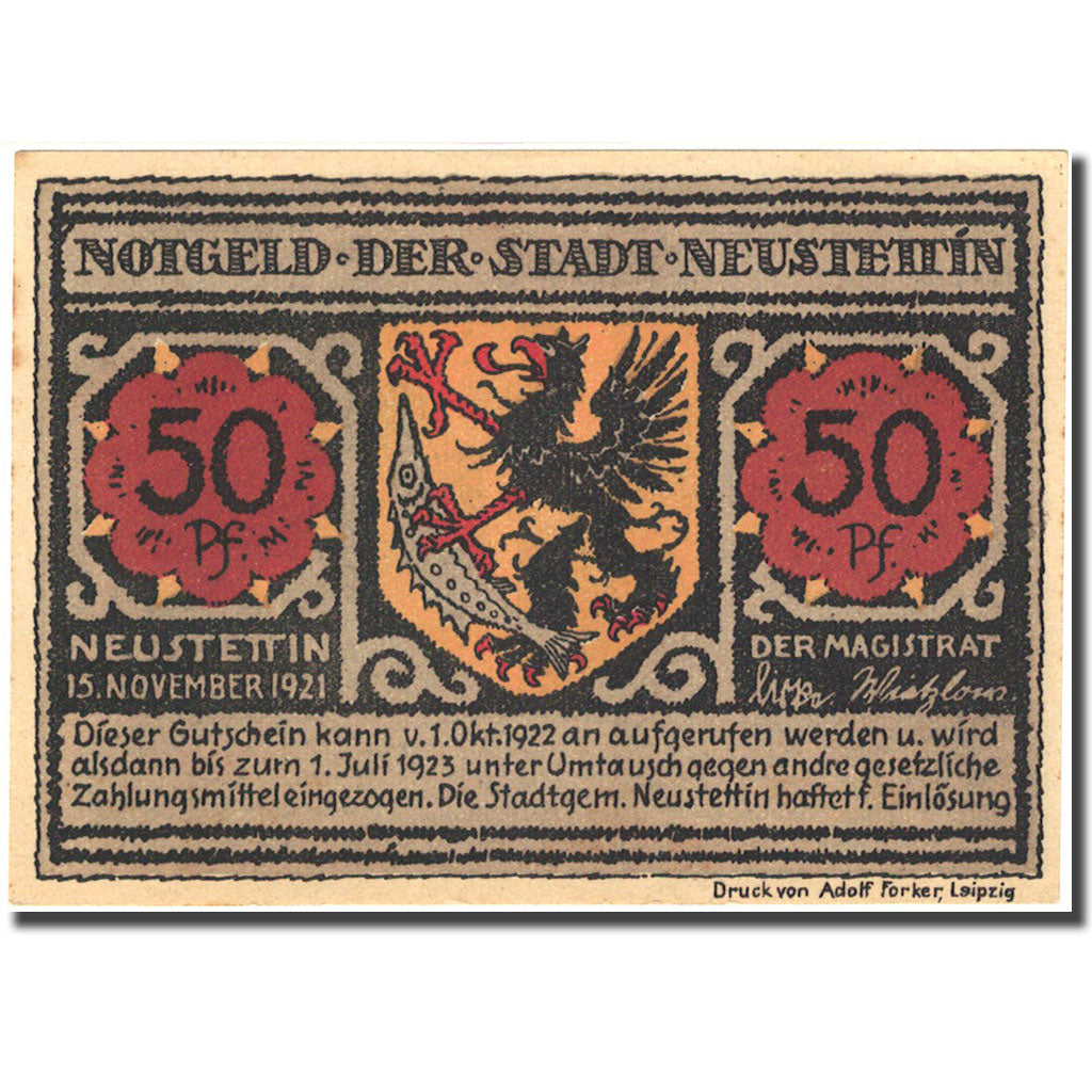 Banknote, Germany, Neusttetin, 50 Pfennig, personnage, 1921 UNC(63) Mehl 968.1