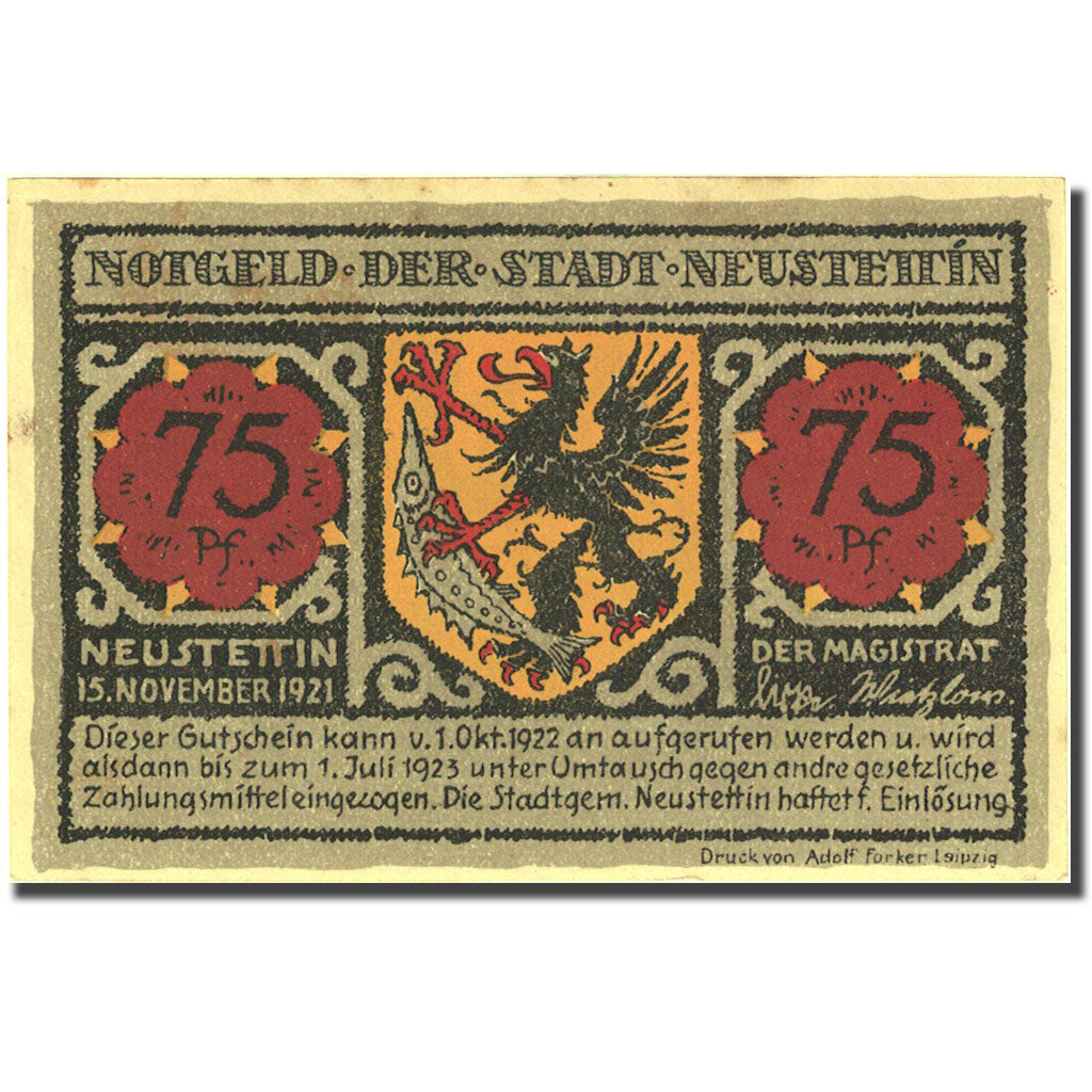 Banknote, Germany, Neustettin, 75 Pfennig, château, 1921 UNC(60-62) Mehl 968.1