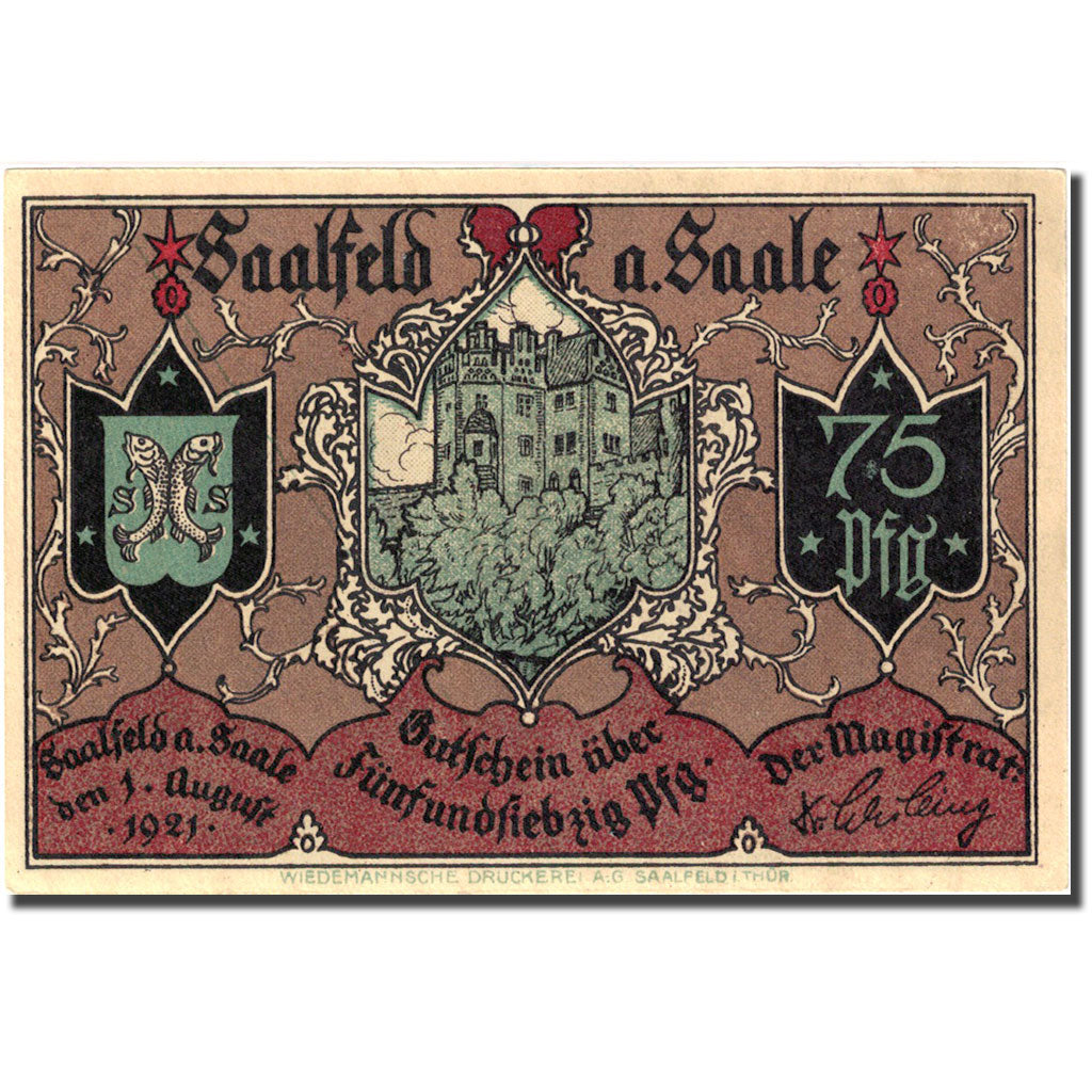 Banknote, Germany, Saalfeld, 75 Pfennig, château, 1921 UNC(63) Mehl 1155.5a