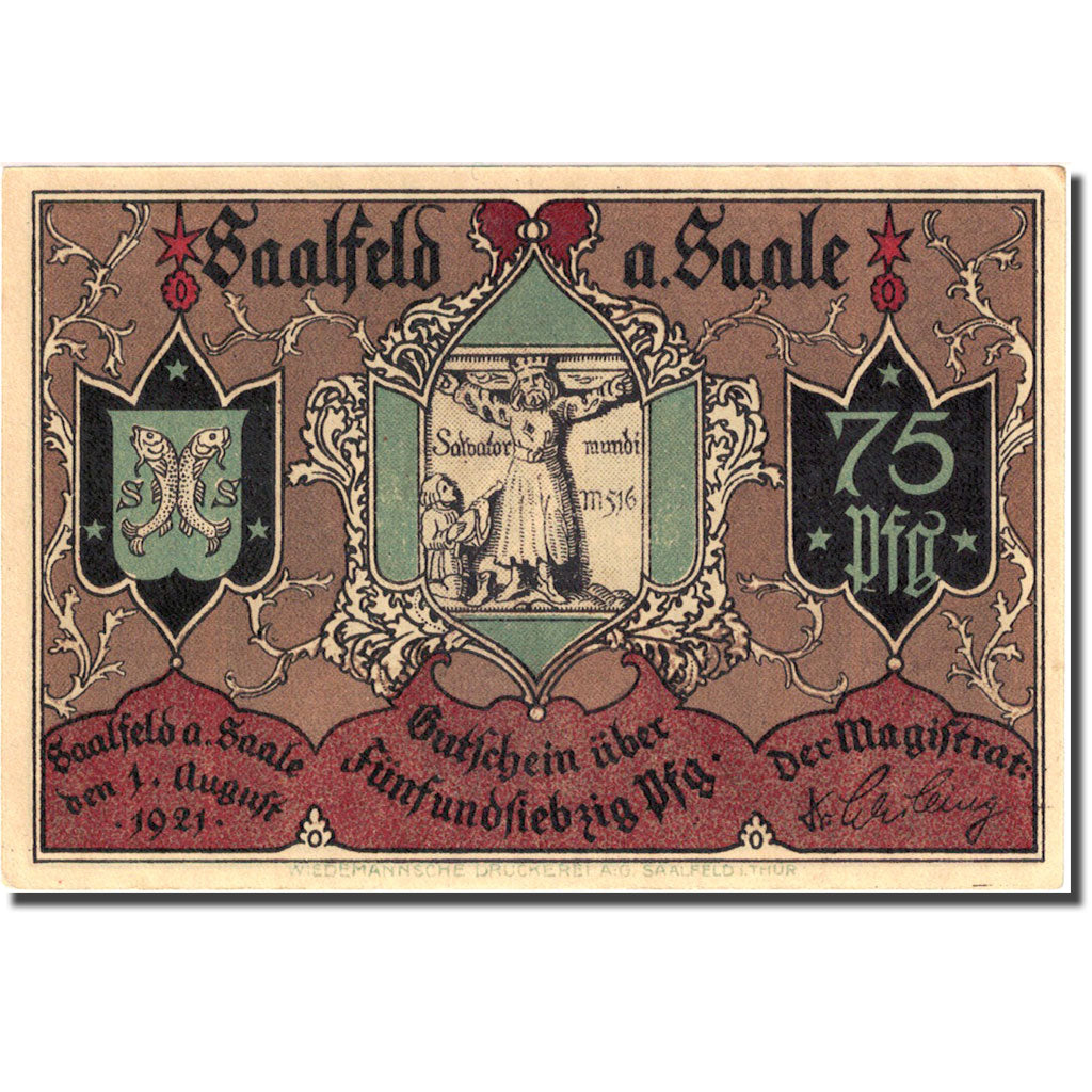 Banknote, Germany, Saalfeld, 75 Pfennig, Eglise, 1921 UNC(63) Mehl 1155.5a