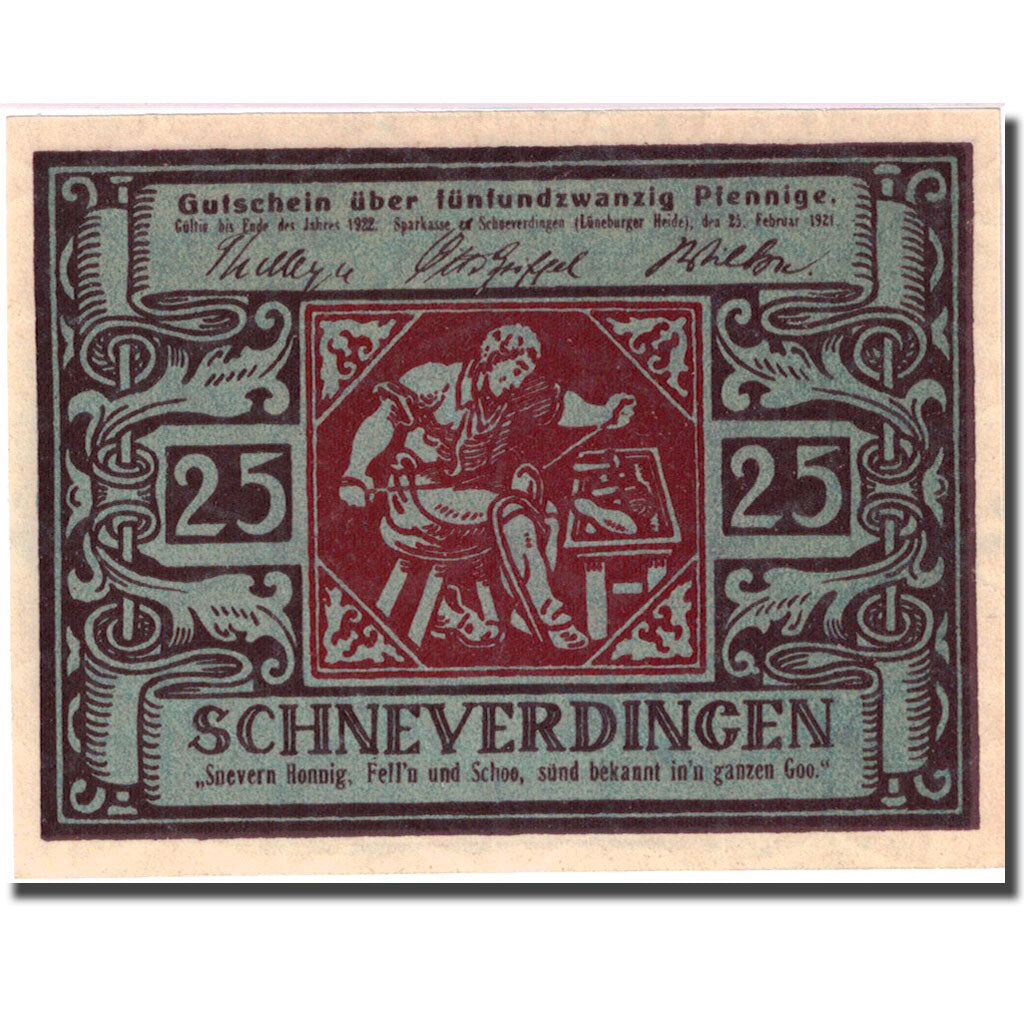 Banknote, Germany, Schneverdingen 25 Pfennig 1922 blue/brown UNC(63) Mehl 1193.2