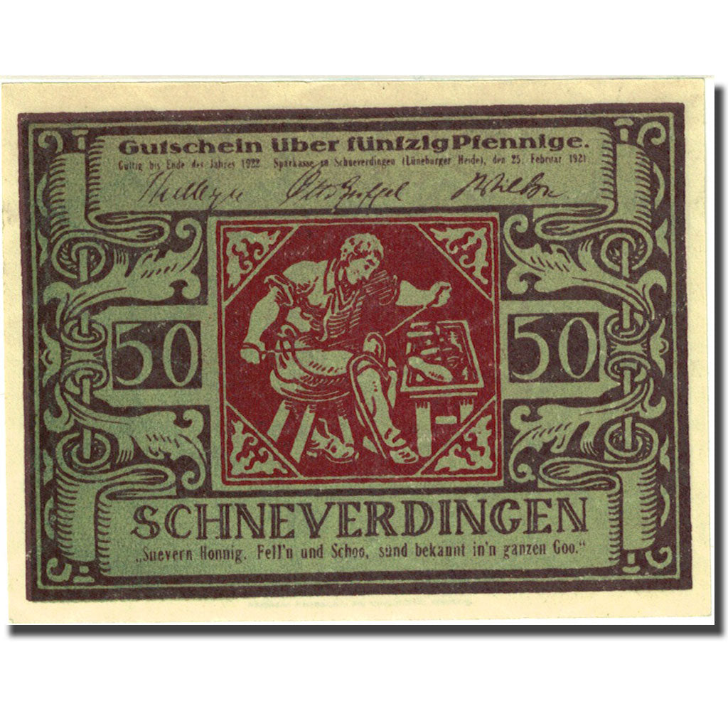 Banknote, Germany Schneverdingen 50 Pfennig 1921 brown green UNC(63) Mehl 1193.2