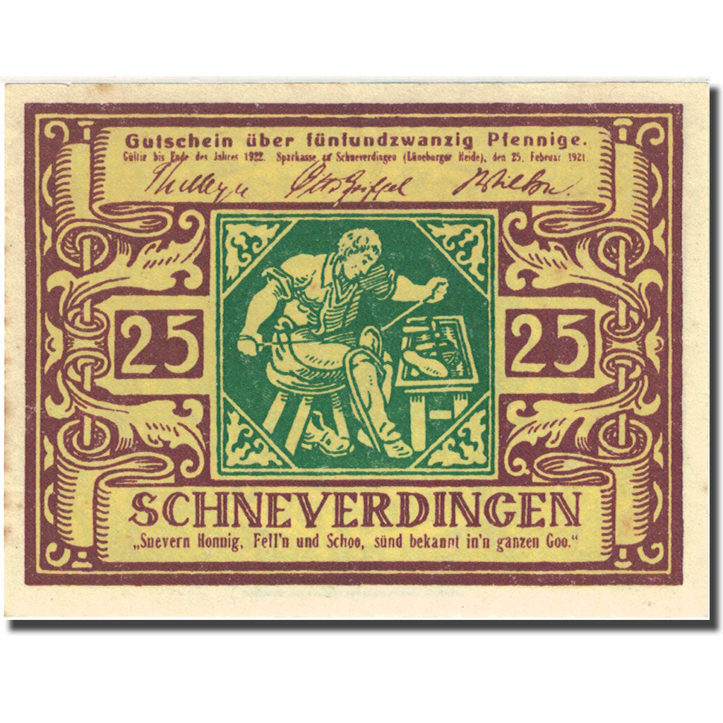 Banknote Germany Schneverdingen 25 Pfennig 1922 yellow green UNC(63) Mehl 1193.1