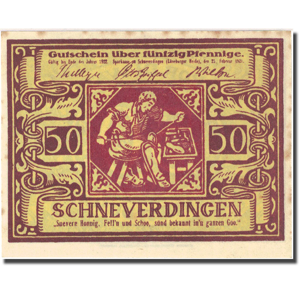 Banknote, Germany Schneverdingen 50 Pfennig 1922 red yellow UNC(63) Mehl 1193.1