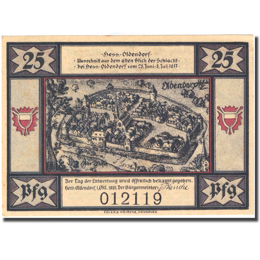 Geldschein, Deutschland, Hessisch Oldendorf, 25 Pfennig 1921 UNZ- Mehl 606.1