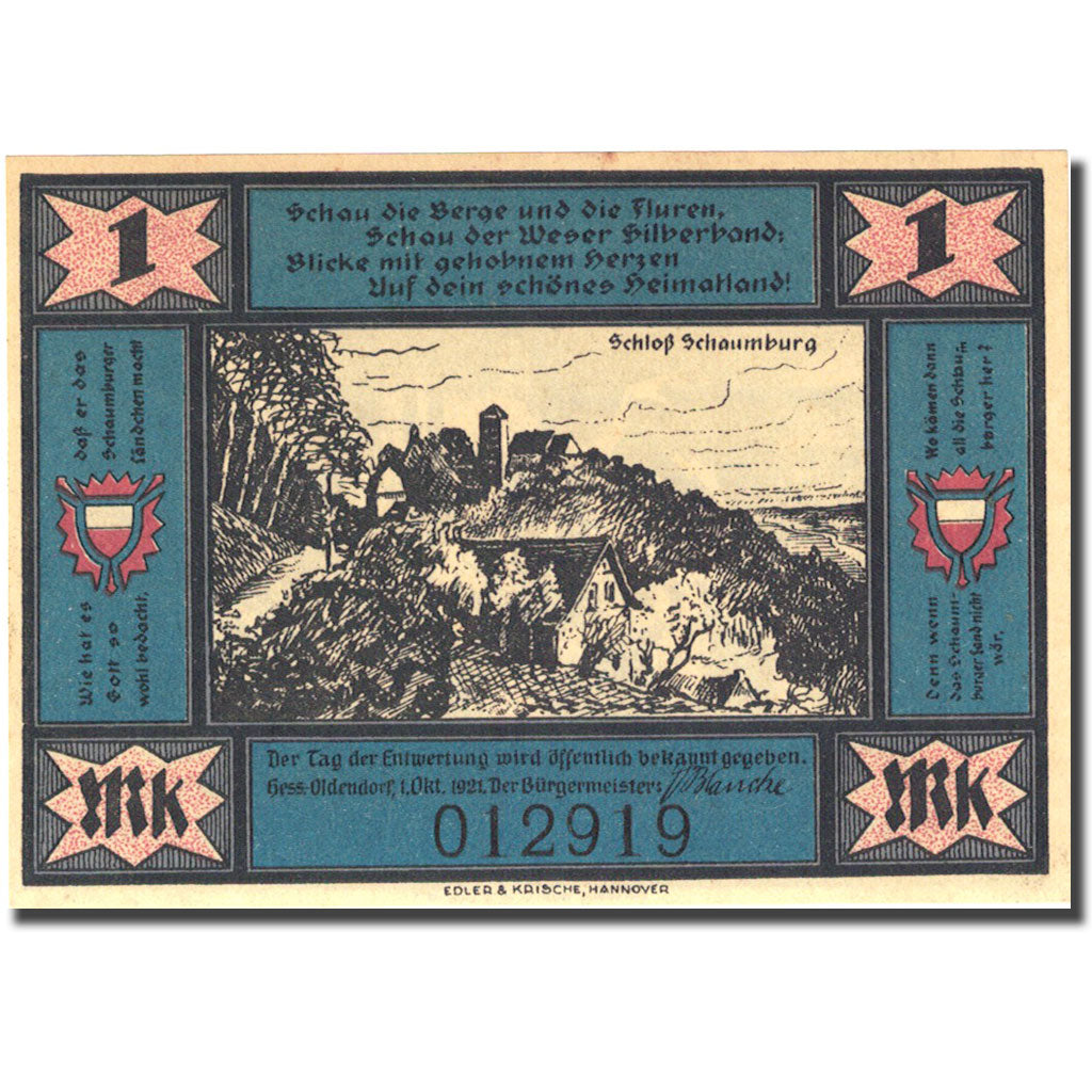 Billet, Allemagne, Hessisch Oldendorf, 1 Mark, personnage 3, 1921 SPL Mehl 606.1