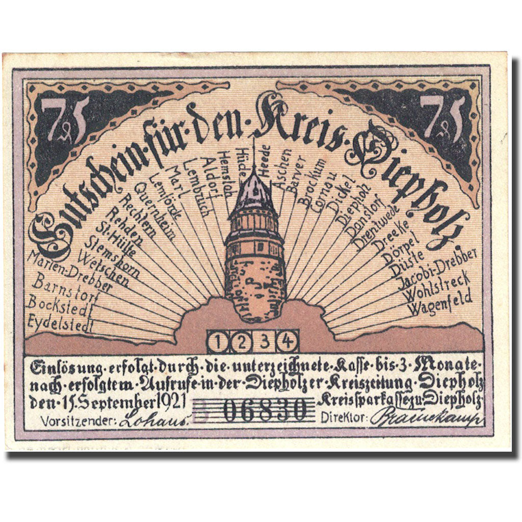 Geldschein, Deutschland, Diepholz, 75 Pfennig, personnage, 1921 VZ+ Mehl 273.4a