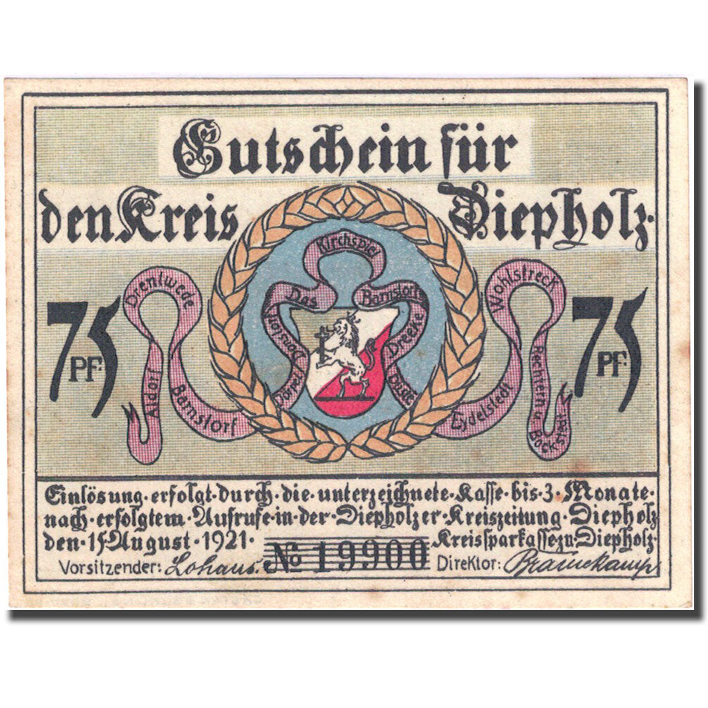 Banconote, Germania, Diepholz, 75 Pfennig, Eglise 1921-08-15, SPL- Mehl 273.3a