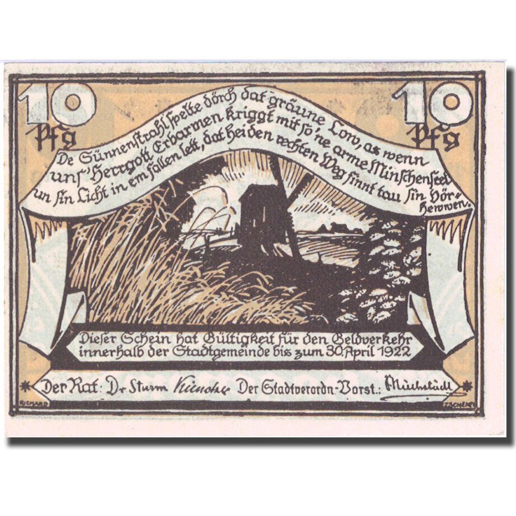 Billete, Alemania, Hagenow, 10 Pfennig, moulin, 1922, 1922-04-30, SC, Mehl:500.2