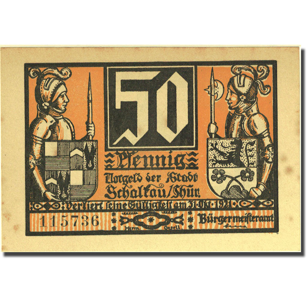 Nota, Alemanha, Schalkau 50 Pfennig château 1, 1921 yellow AU(55-58) Mehl 1171.1