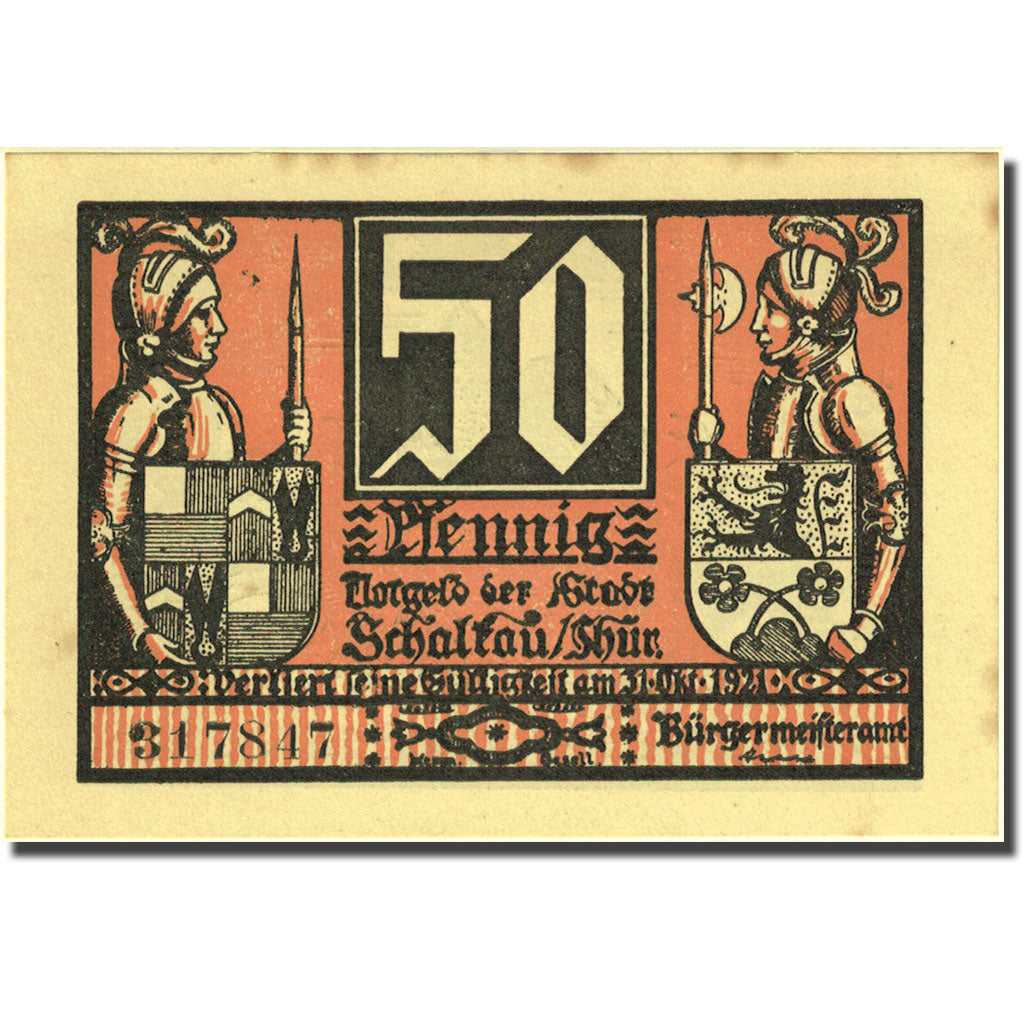 Banknote Germany Schalkau 50 Pfennig château 2, 1921 orange UNC(63) Mehl 1171.1