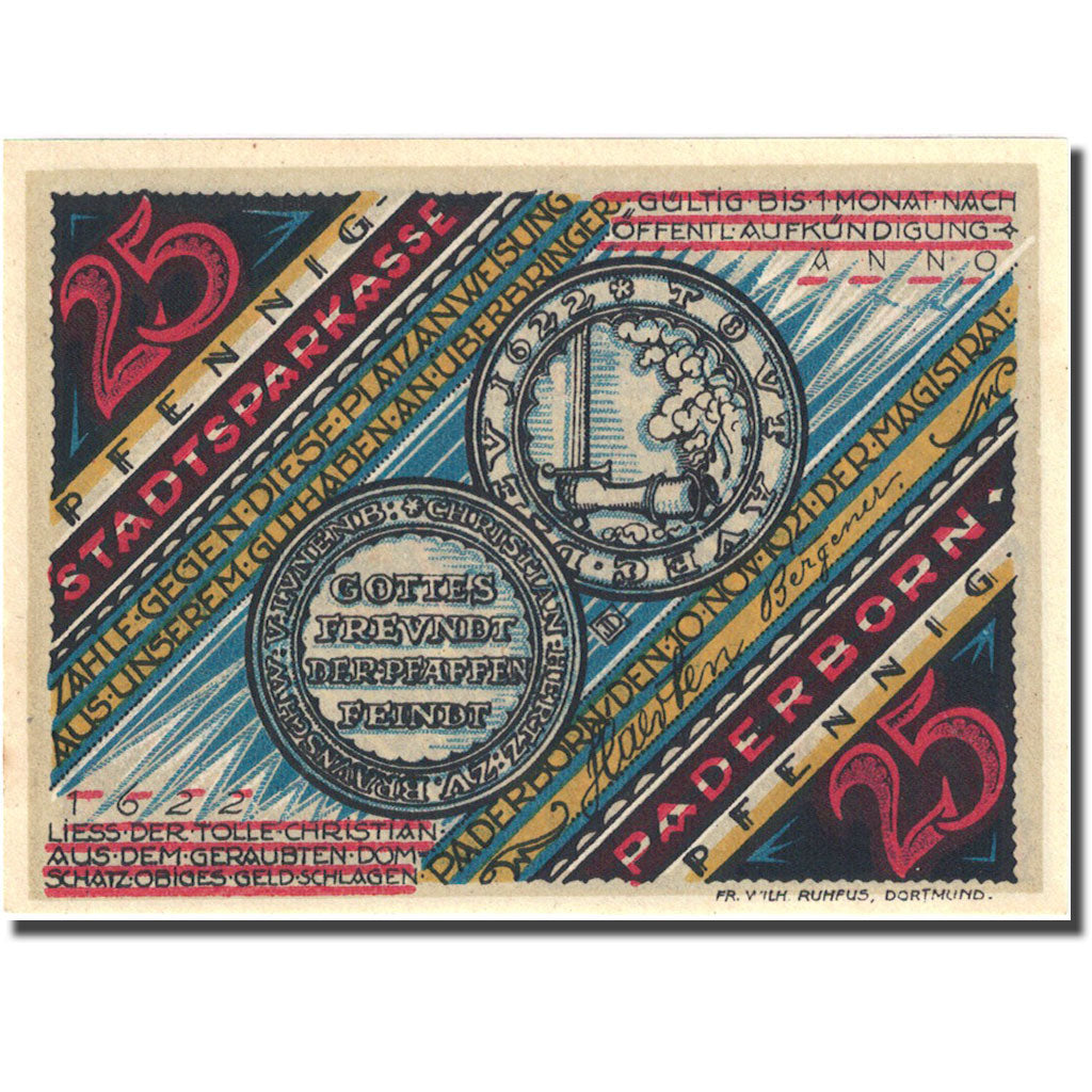 Banknote, Germany, Paderborn, 25 Pfennig, personnage, 1921 UNC(63) Mehl 1043.3