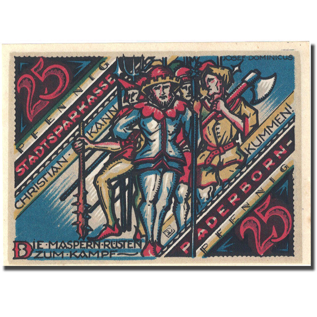Banknote, Germany, Paderborn, 25 Pfennig, personnage, 1921 UNC(63) Mehl 1043.3