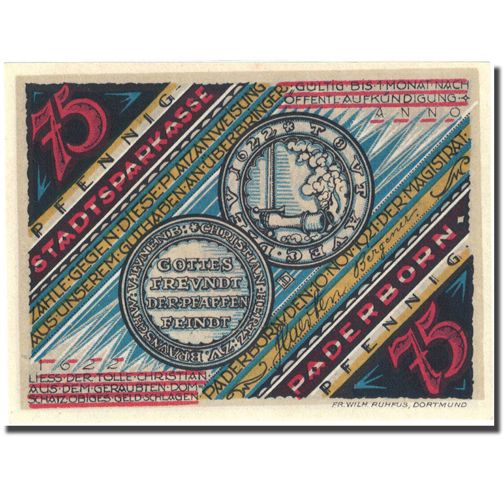 Banknote, Germany, Paderborn, 75 Pfennig, personnage 2, 1921 UNC(63) Mehl 1043.3