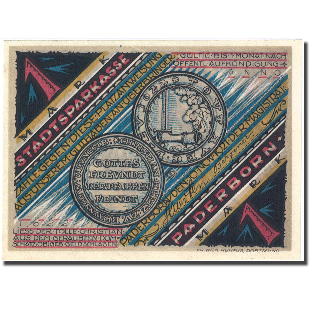 Banknote, Germany, Paderborn, 1 Mark, personnage 3, 1921 UNC(63) Mehl 1043.3